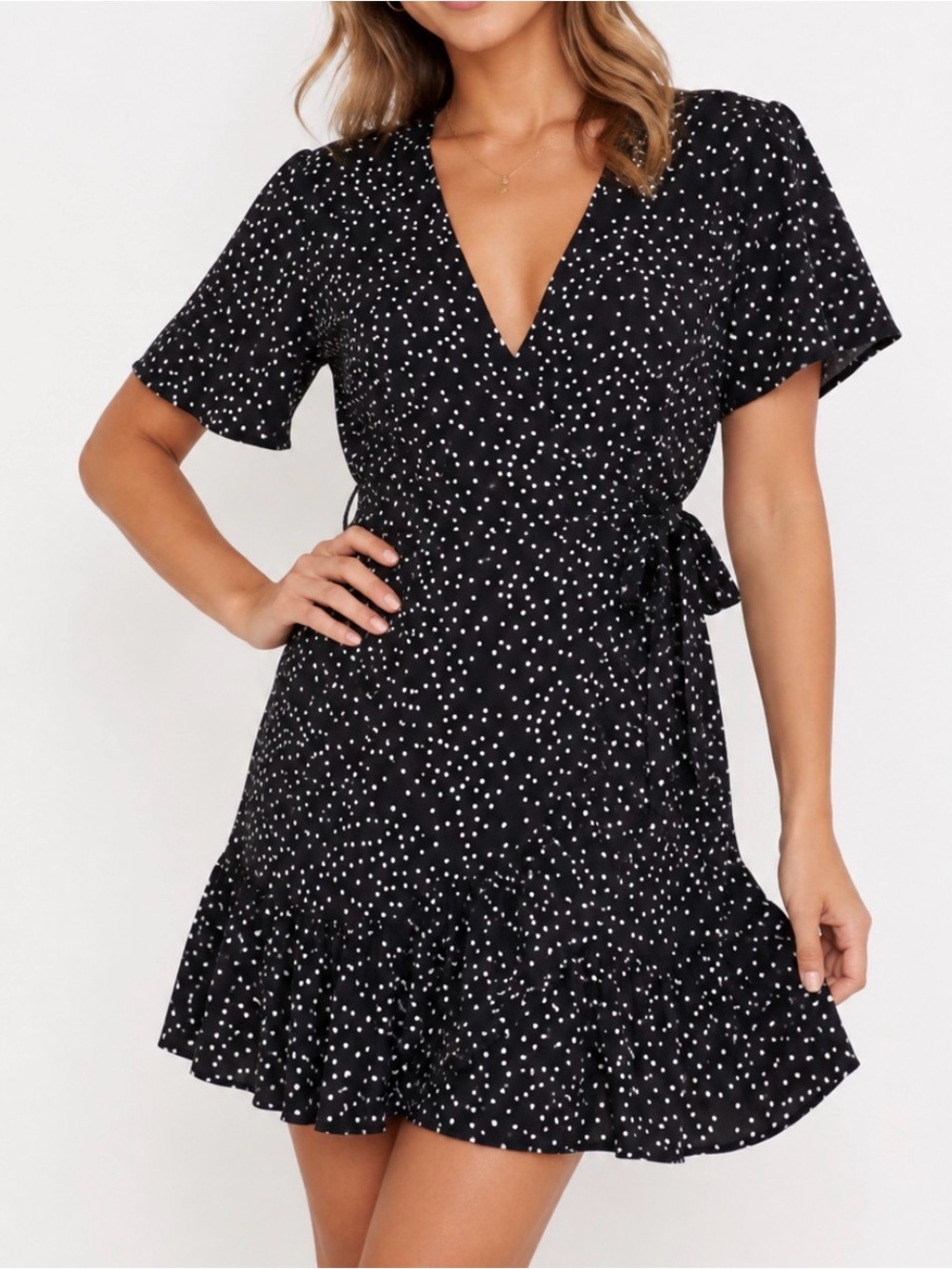 Naggoo Black Polka Dot true Wrap Dress with Ruffle Hem mini SZ SM